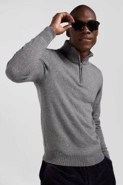 Regular light grey semi-zipped wool and cotton jumper