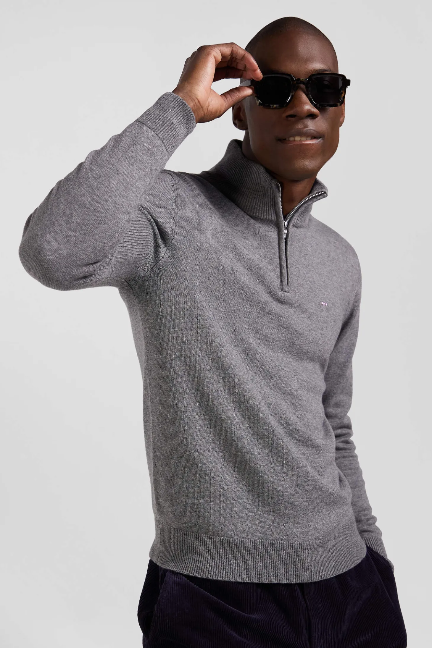 Regular light grey semi-zipped wool and cotton jumper