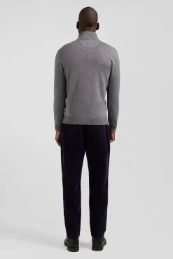 Regular light grey semi-zipped wool and cotton jumper