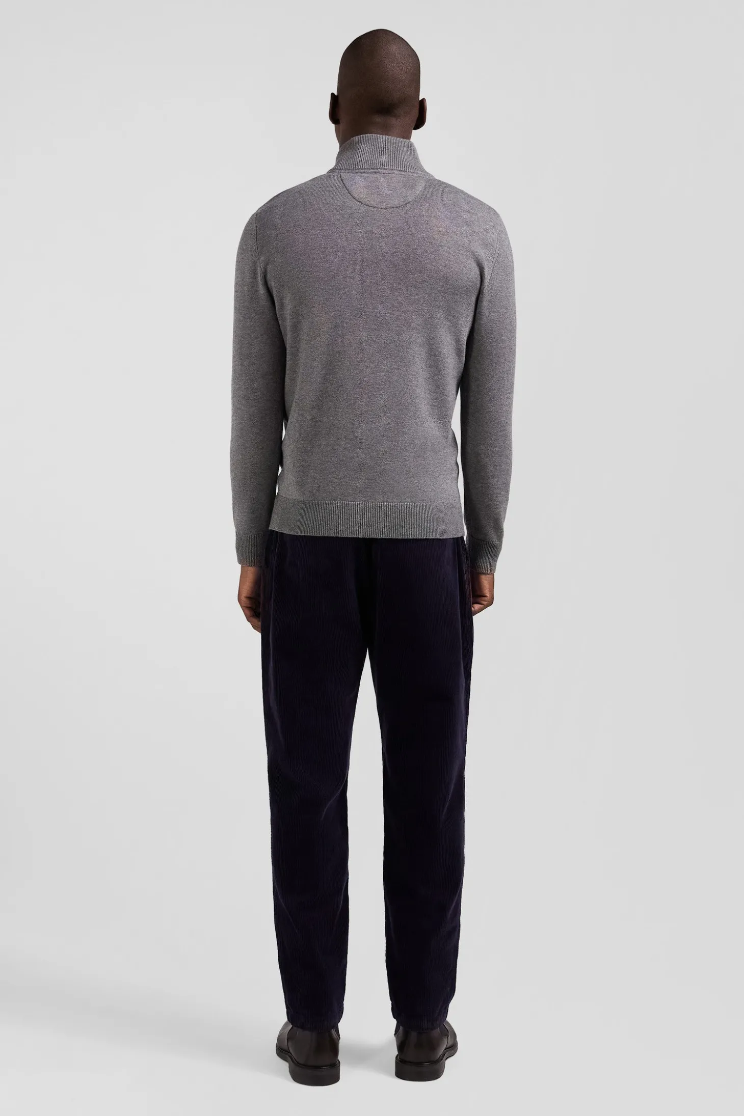 Regular light grey semi-zipped wool and cotton jumper