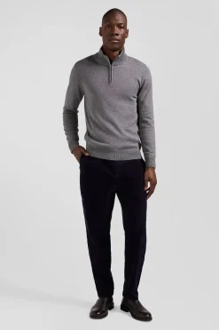 Regular light grey semi-zipped wool and cotton jumper