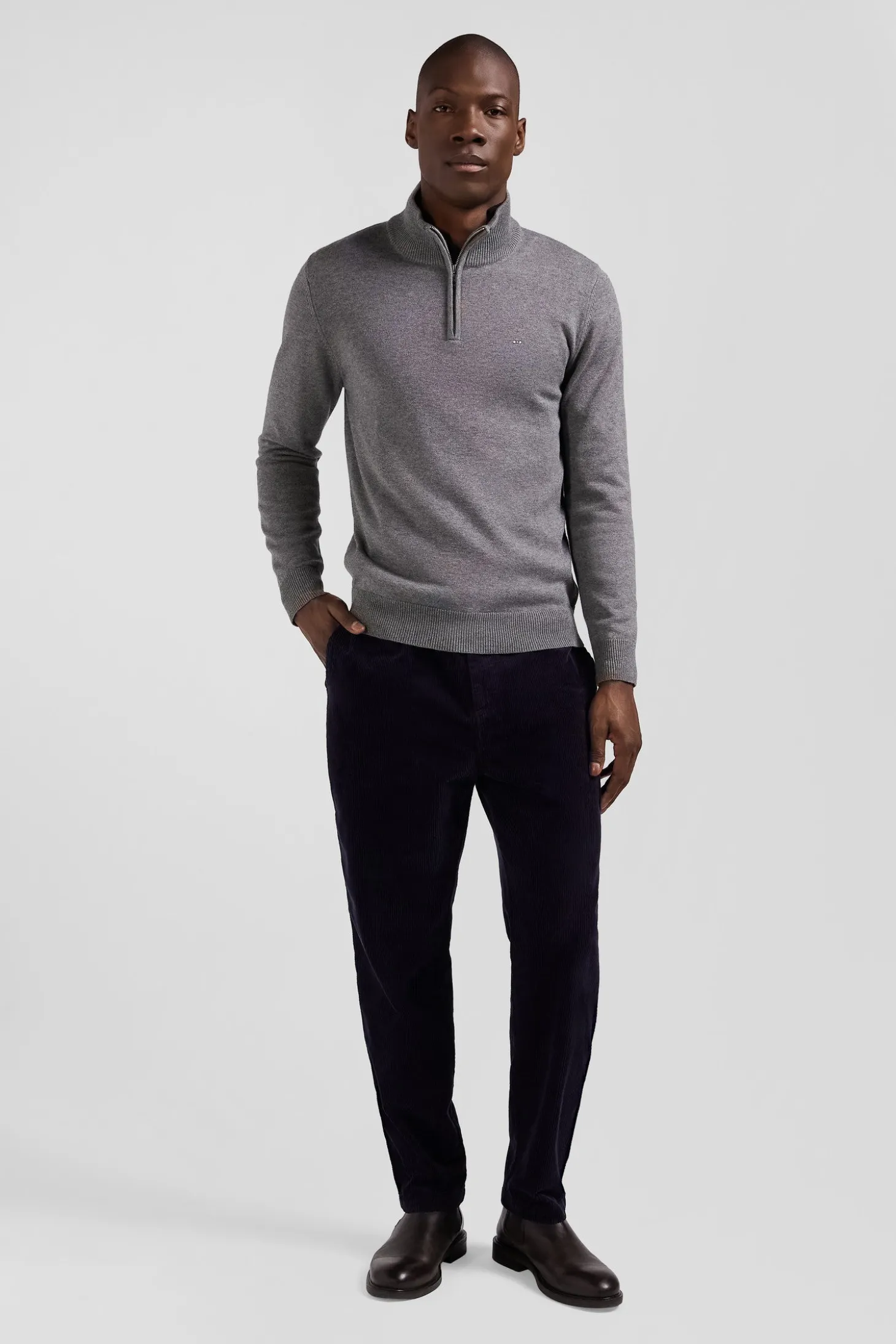 Regular light grey semi-zipped wool and cotton jumper