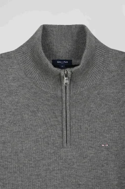 Regular light grey semi-zipped wool and cotton jumper