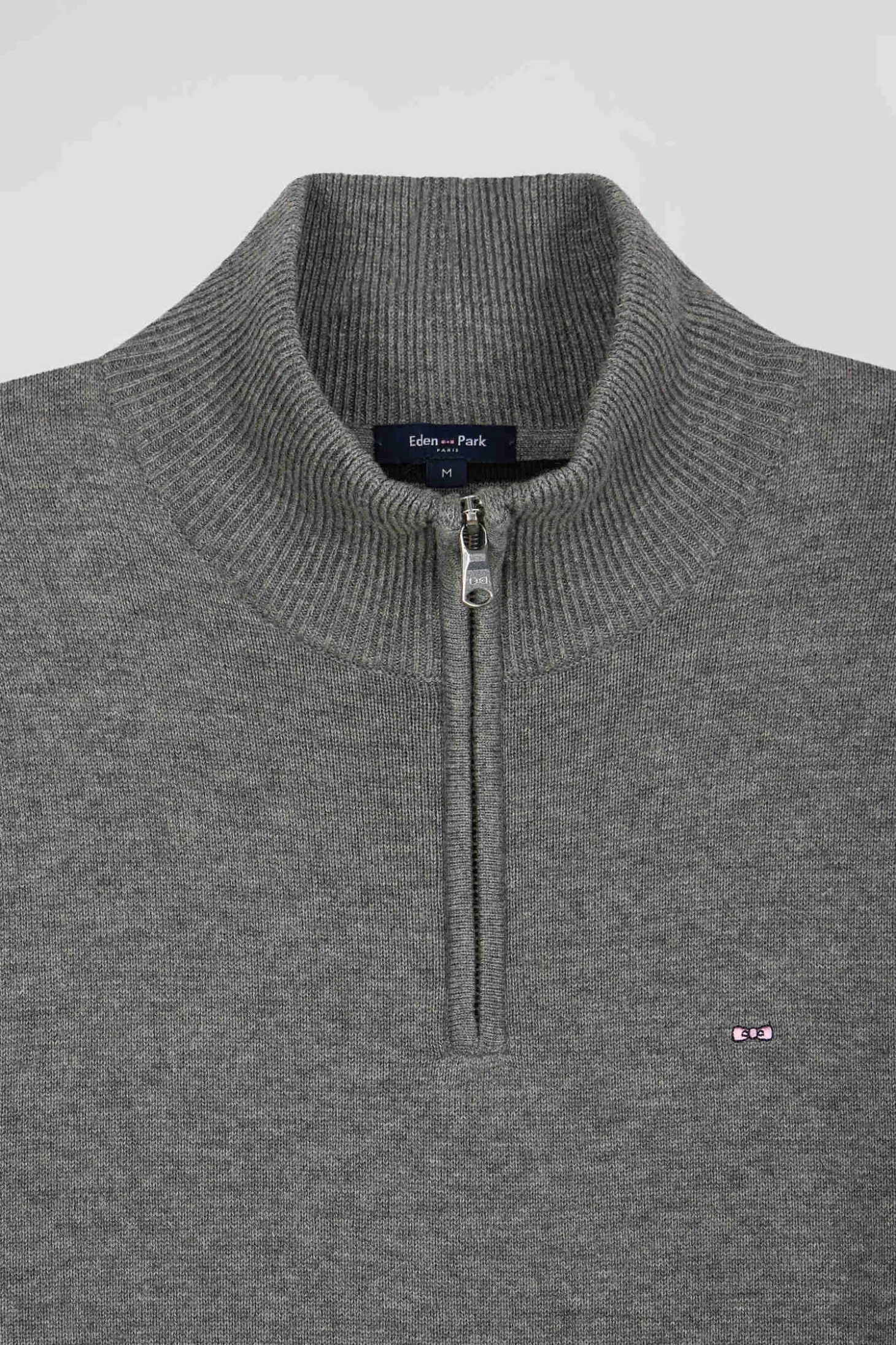 Regular light grey semi-zipped wool and cotton jumper