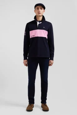 Regular long-sleeved cotton rugby shirt with navy and pink stripes