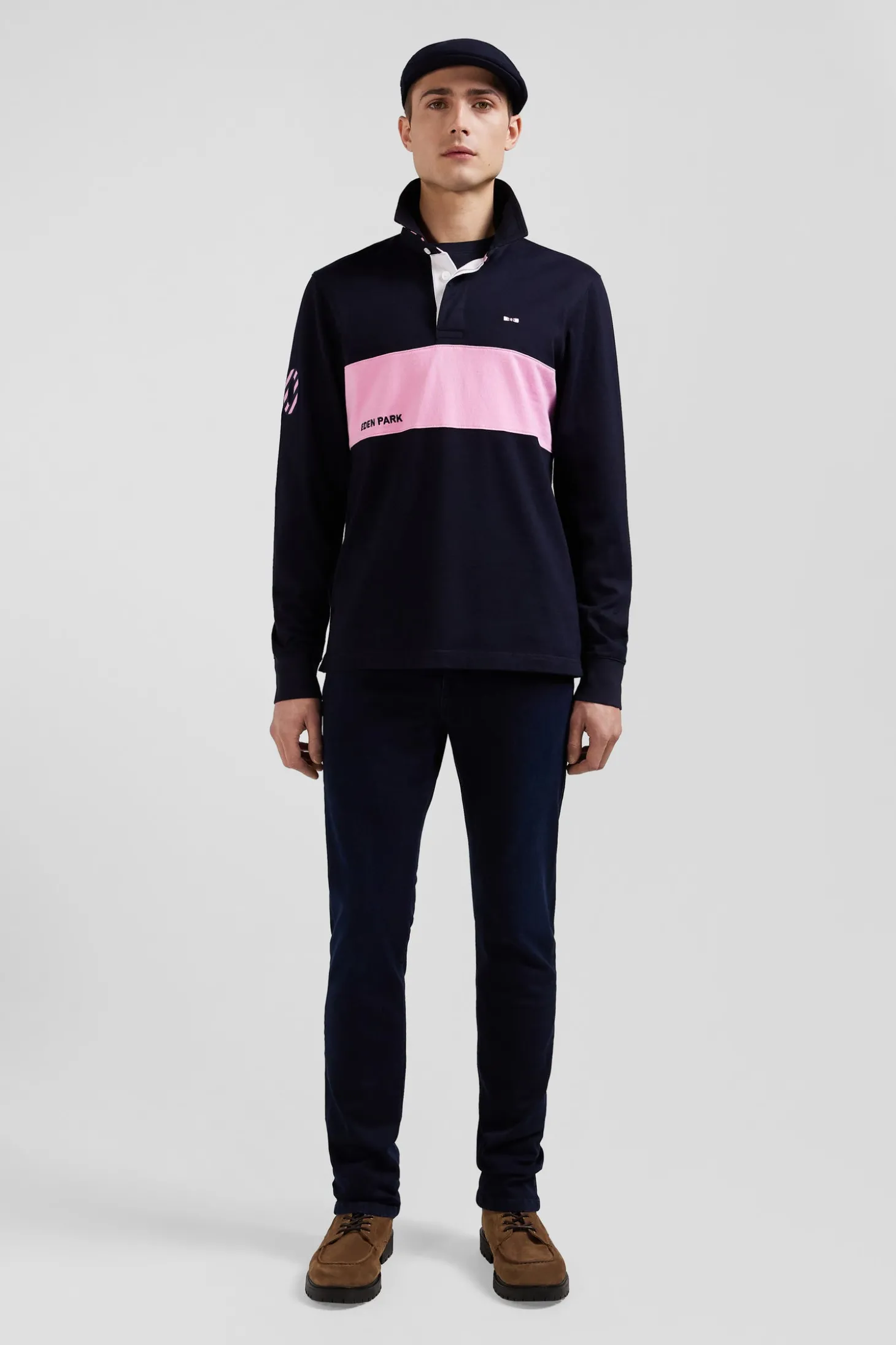 Regular long-sleeved cotton rugby shirt with navy and pink stripes