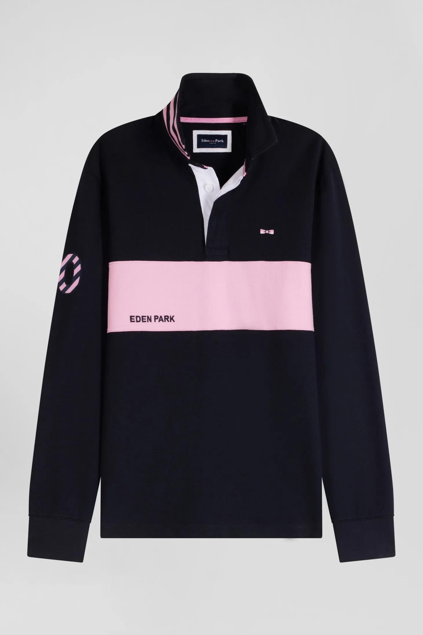 Regular long-sleeved cotton rugby shirt with navy and pink stripes