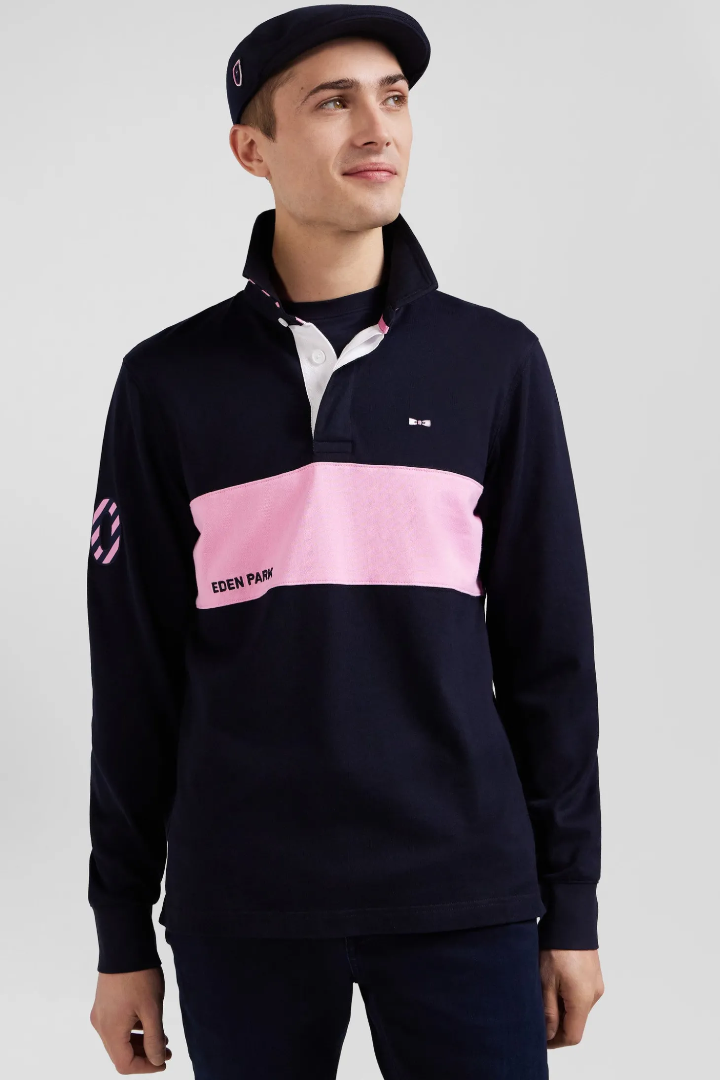 Regular long-sleeved cotton rugby shirt with navy and pink stripes