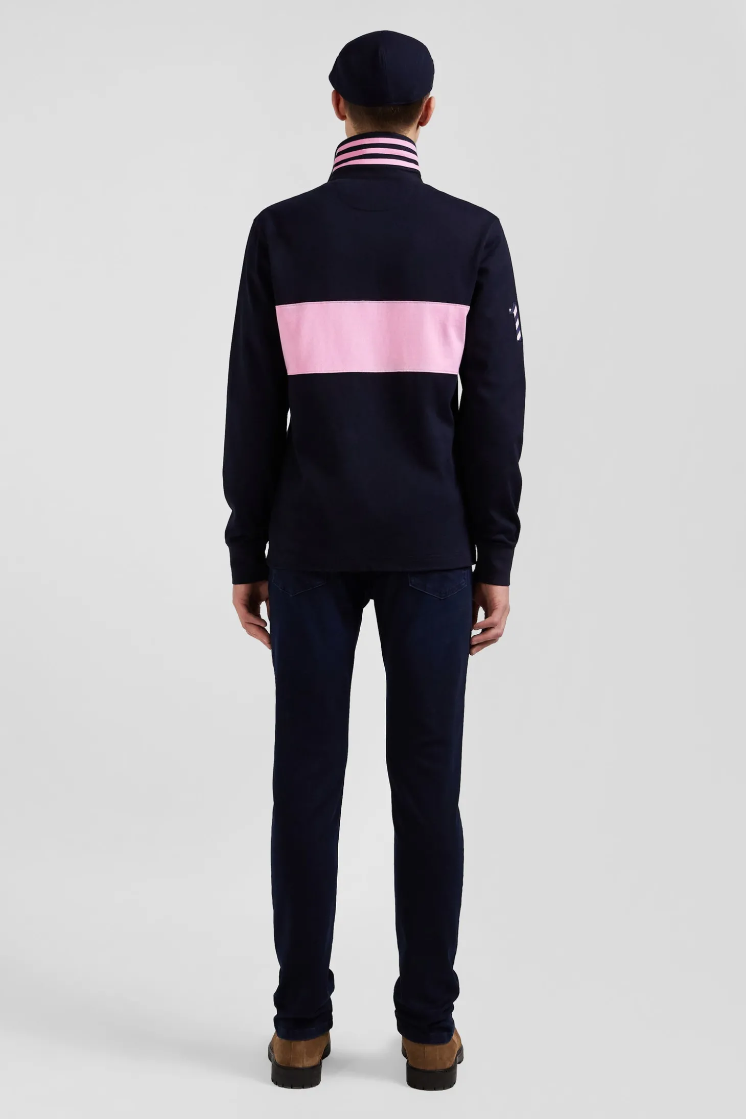 Regular long-sleeved cotton rugby shirt with navy and pink stripes