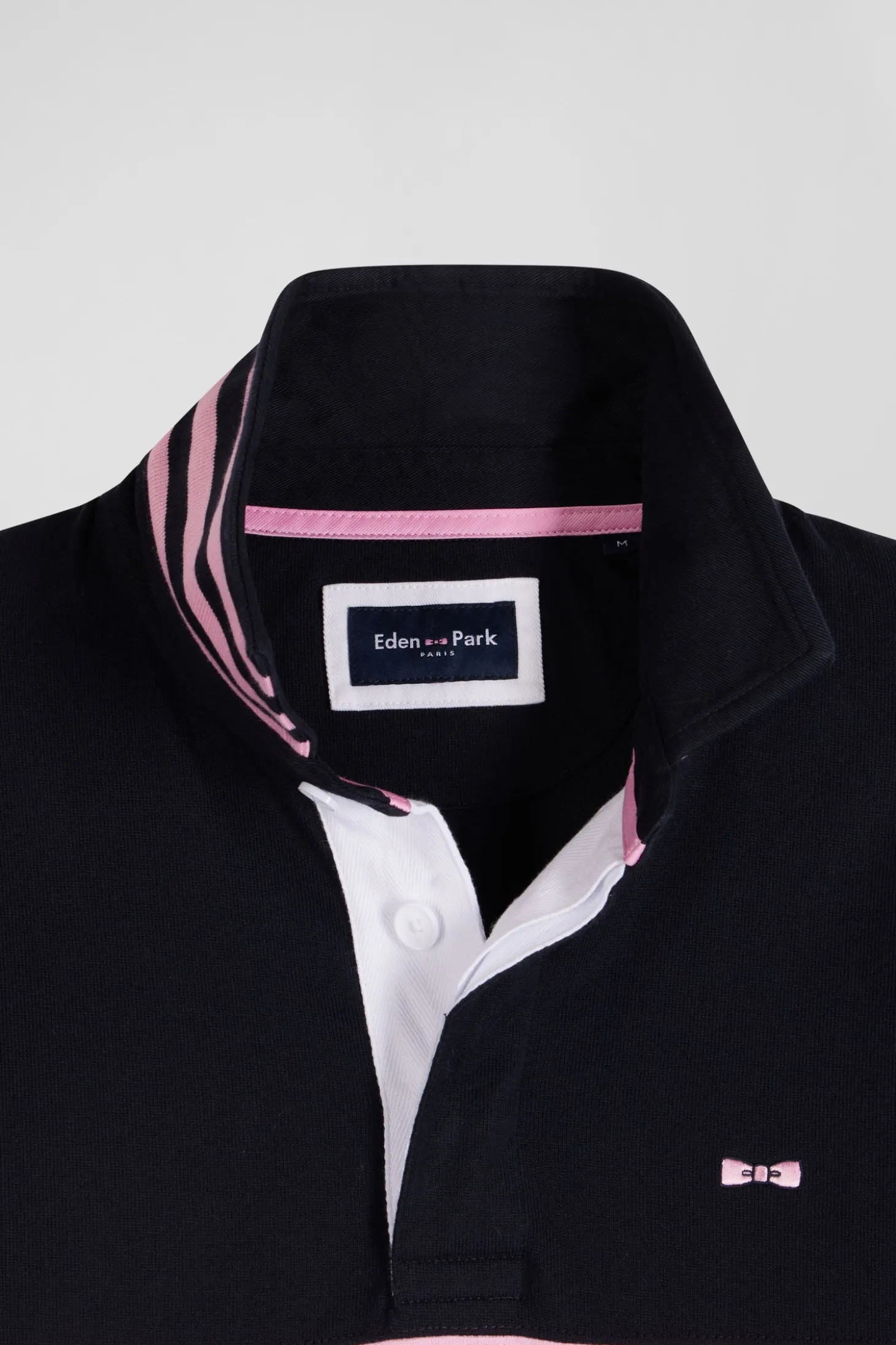 Regular long-sleeved cotton rugby shirt with navy and pink stripes