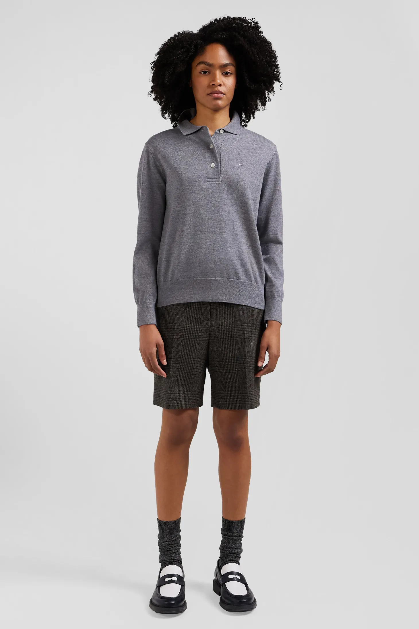 Regular mottled grey women's wool jumper with rugby shirt collar