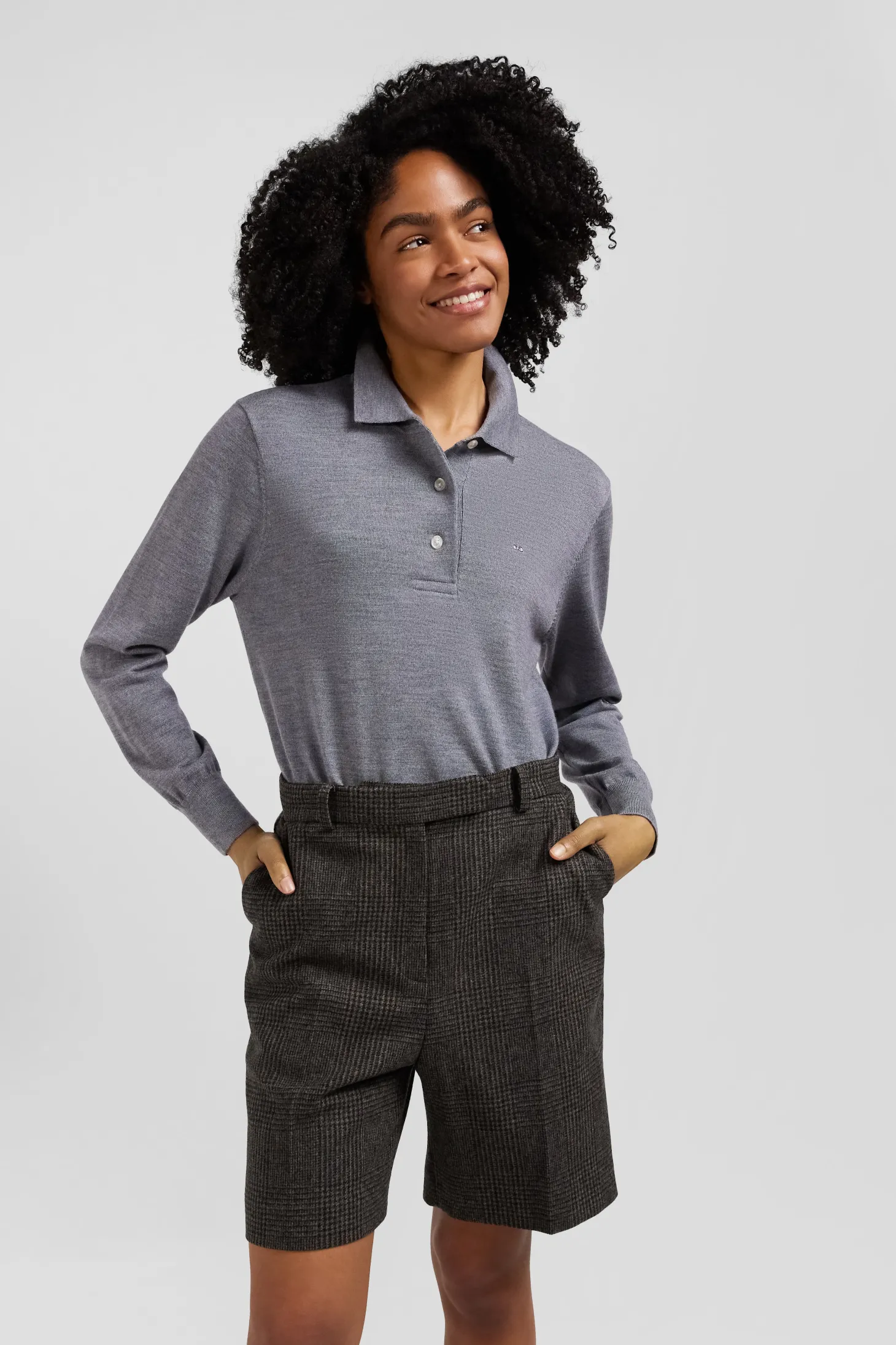 Regular mottled grey women's wool jumper with rugby shirt collar