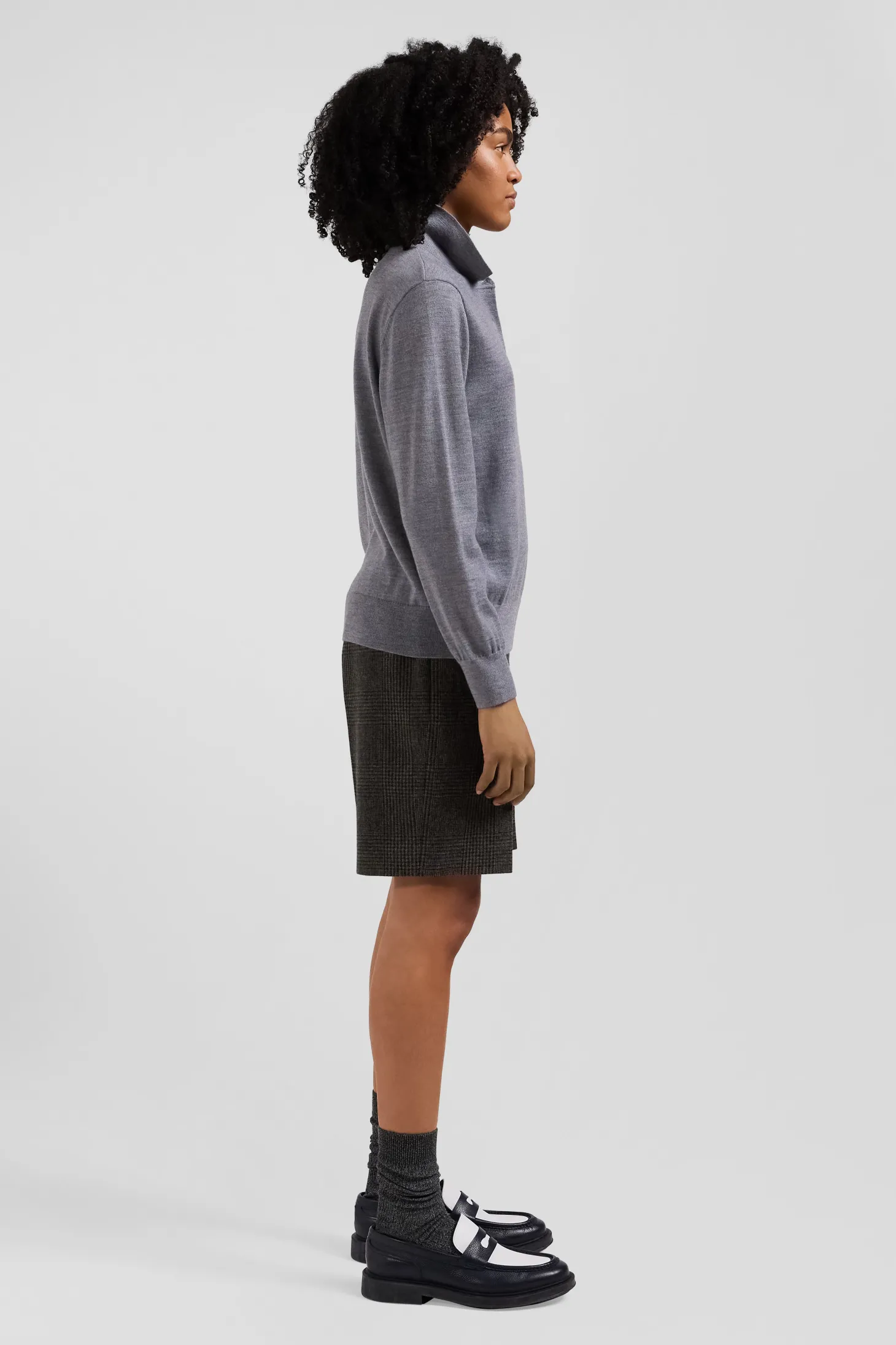Regular mottled grey women's wool jumper with rugby shirt collar
