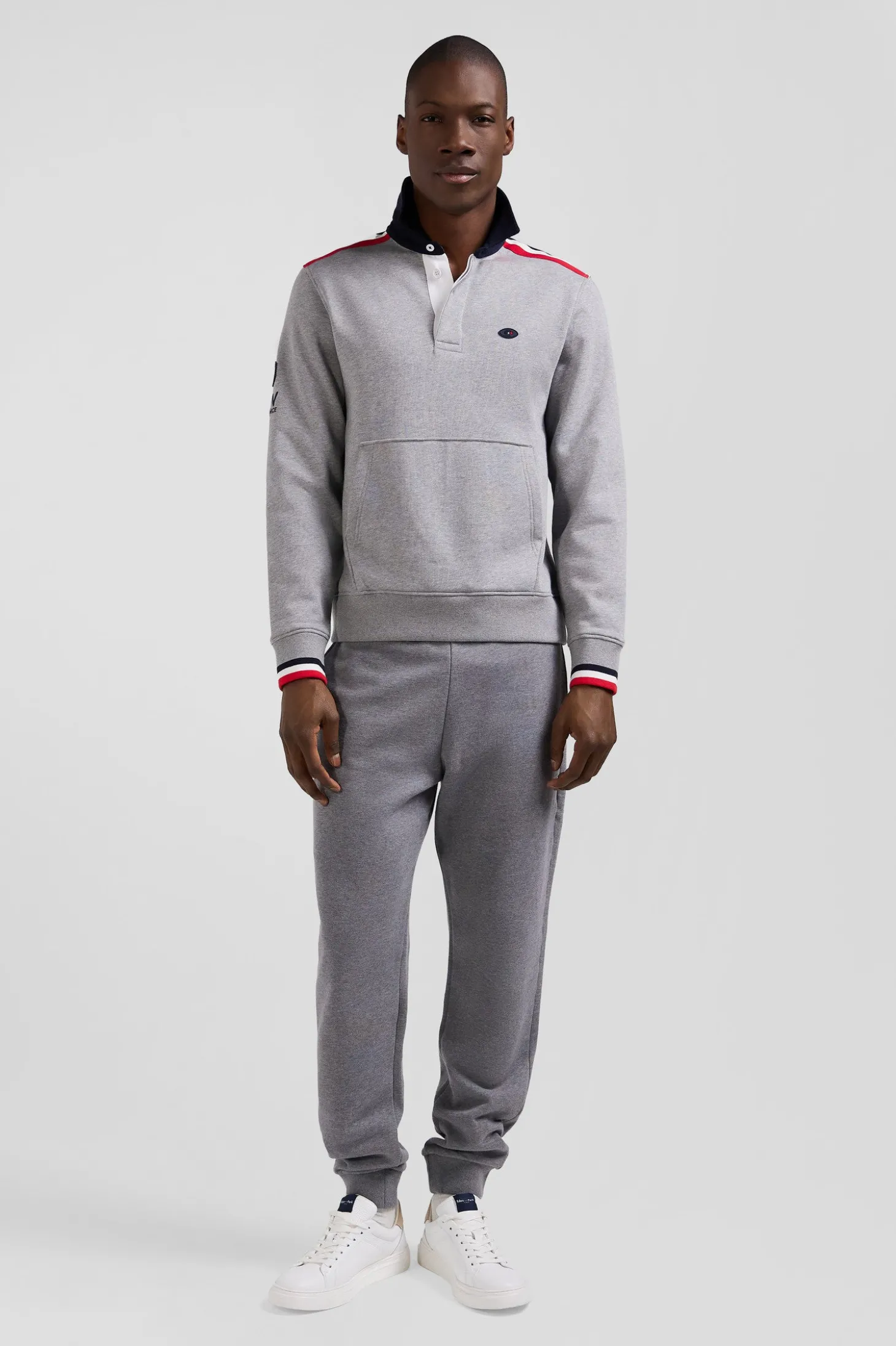 Regular mottled grey XV de France cotton sweatshirt with rugby shirt collar
