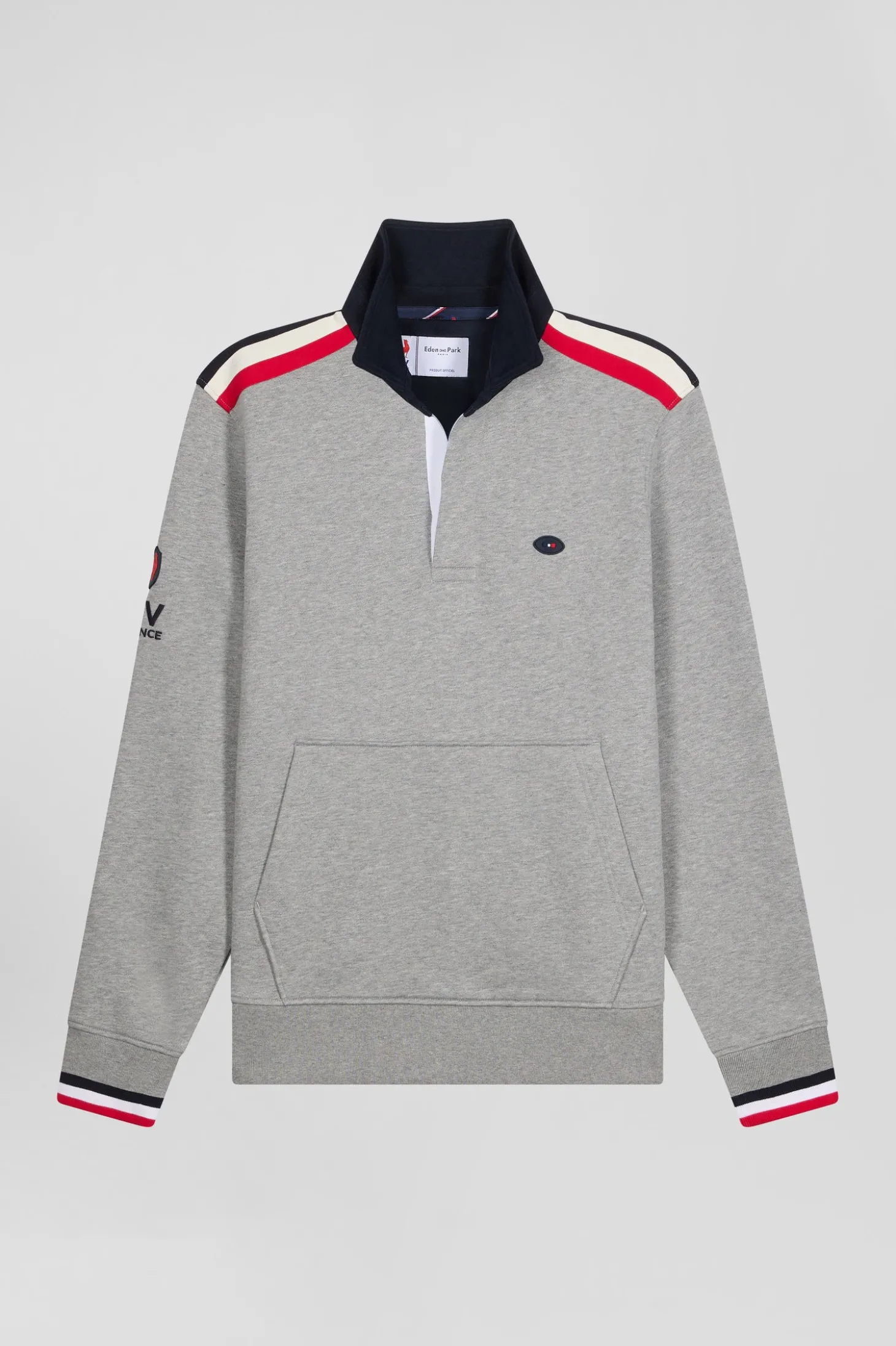 Regular mottled grey XV de France cotton sweatshirt with rugby shirt collar