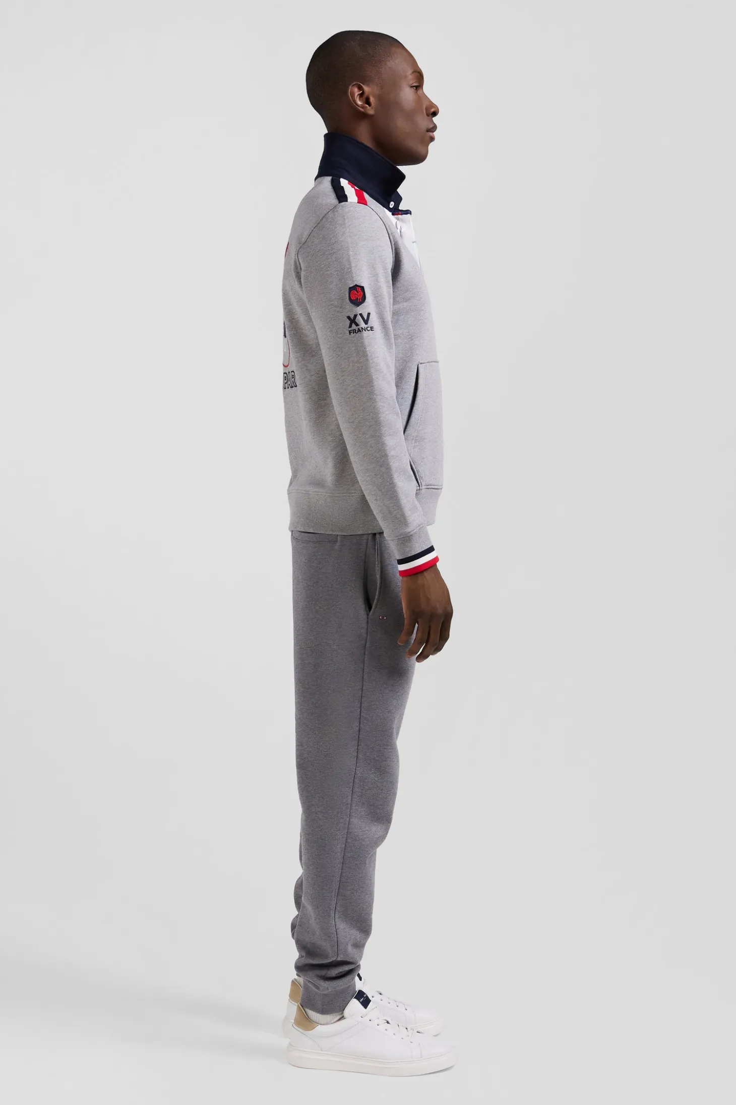 Regular mottled grey XV de France cotton sweatshirt with rugby shirt collar