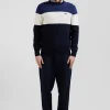 Regular navy and blue cotton crew neck jumper with knit patterns