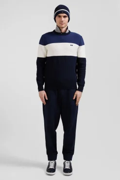 Regular navy and blue cotton crew neck jumper with knit patterns