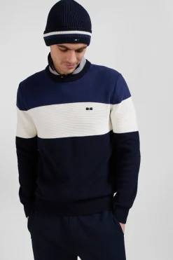 Regular navy and blue cotton crew neck jumper with knit patterns