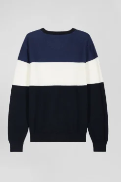Regular navy and blue cotton crew neck jumper with knit patterns