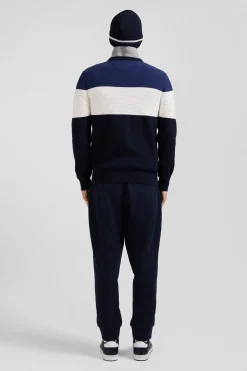 Regular navy and blue cotton crew neck jumper with knit patterns