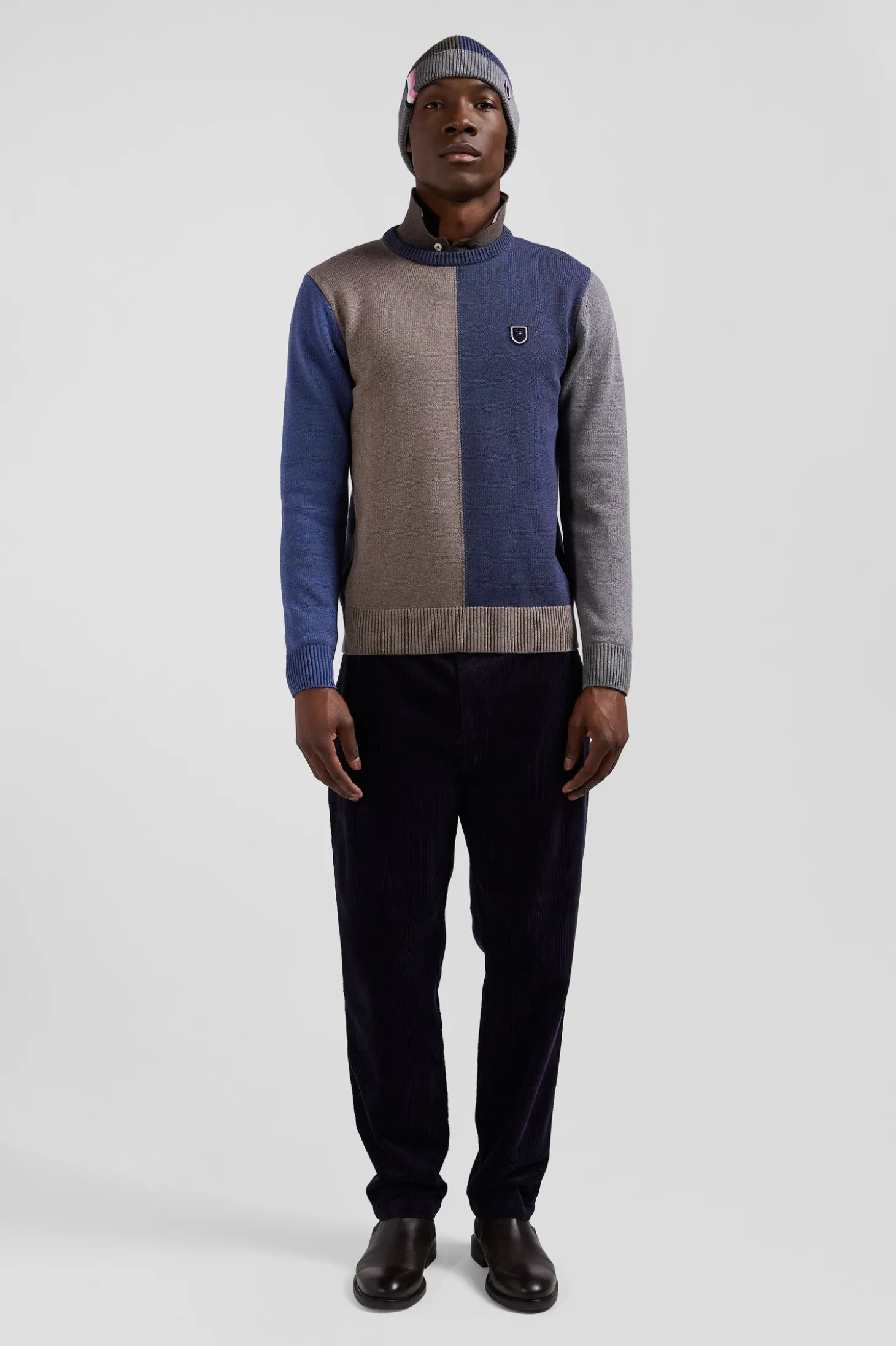 Regular navy and brown colourblock cotton crew neck jumper