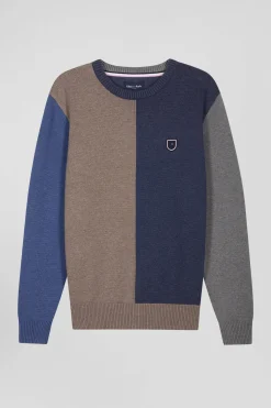 Regular navy and brown colourblock cotton crew neck jumper