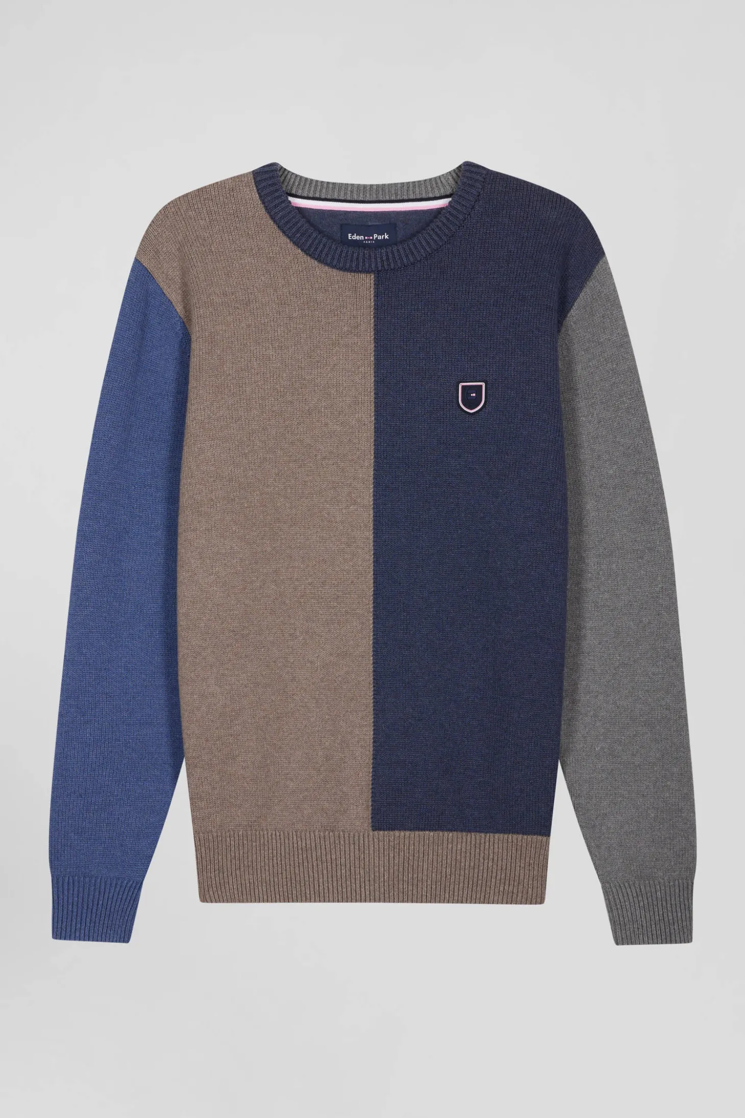 Regular navy and brown colourblock cotton crew neck jumper