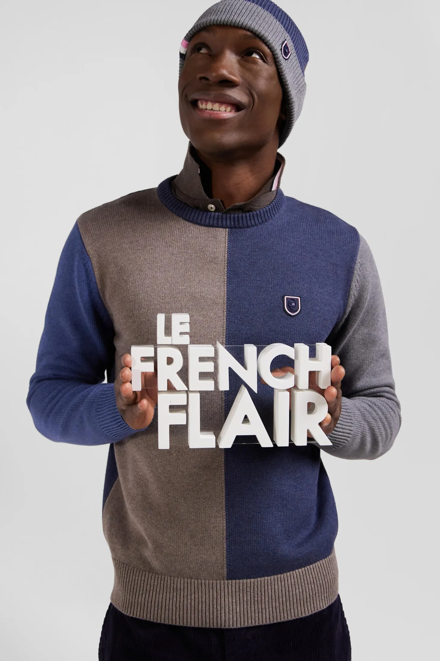 Regular navy and brown colourblock cotton crew neck jumper