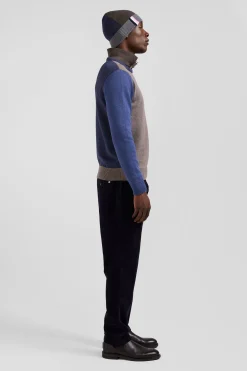 Regular navy and brown colourblock cotton crew neck jumper