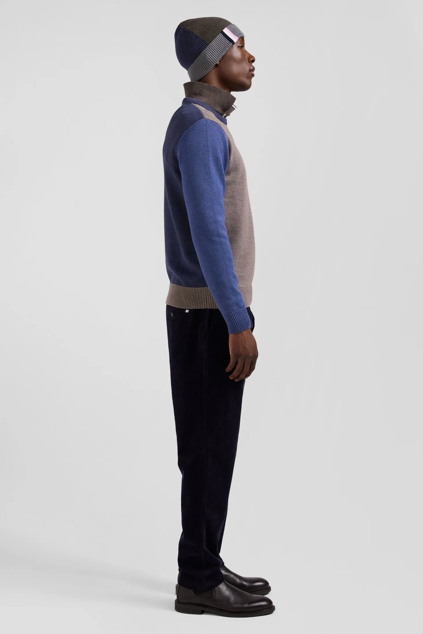 Regular navy and brown colourblock cotton crew neck jumper