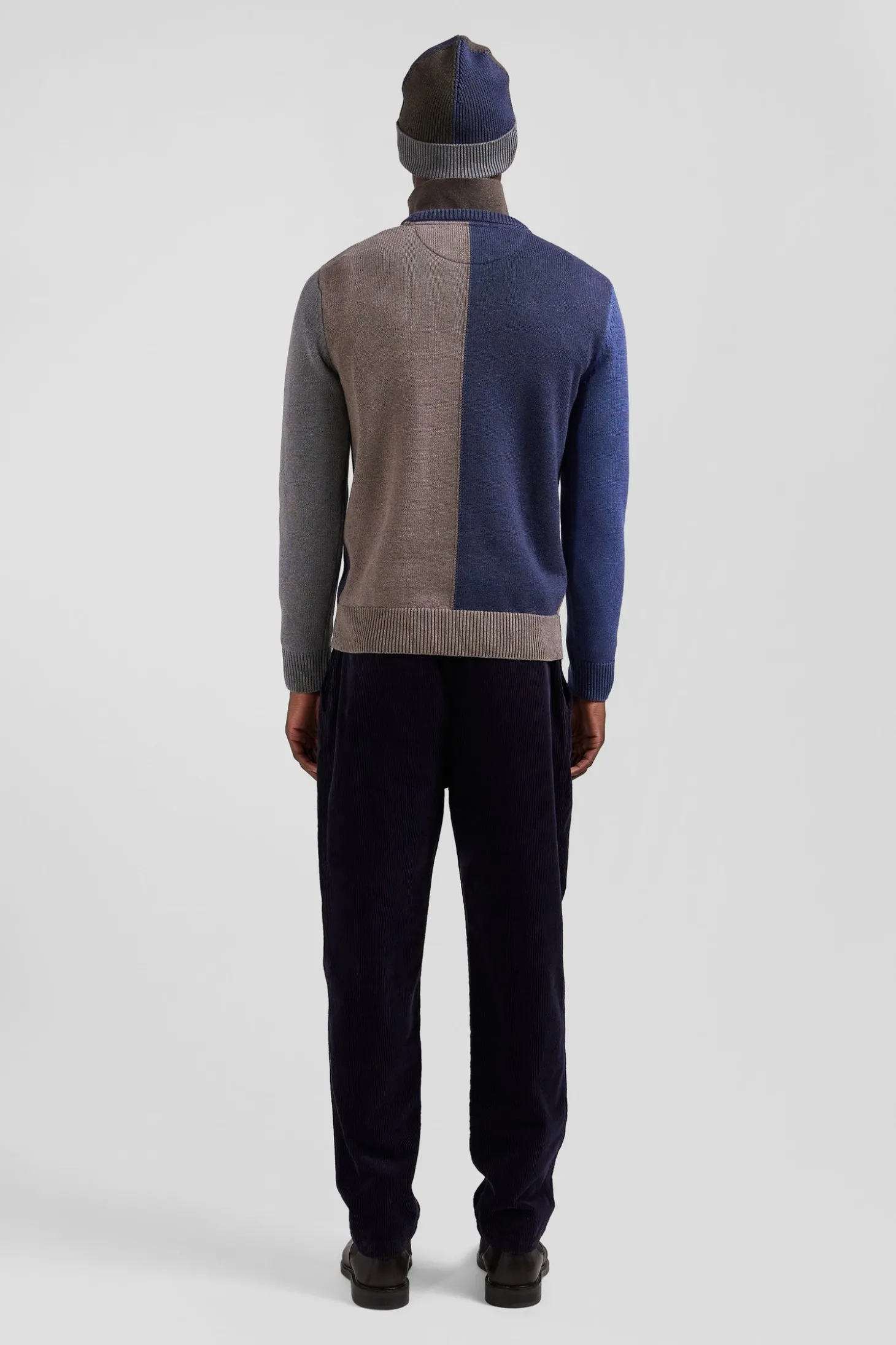 Regular navy and brown colourblock cotton crew neck jumper