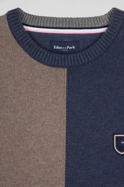 Regular navy and brown colourblock cotton crew neck jumper