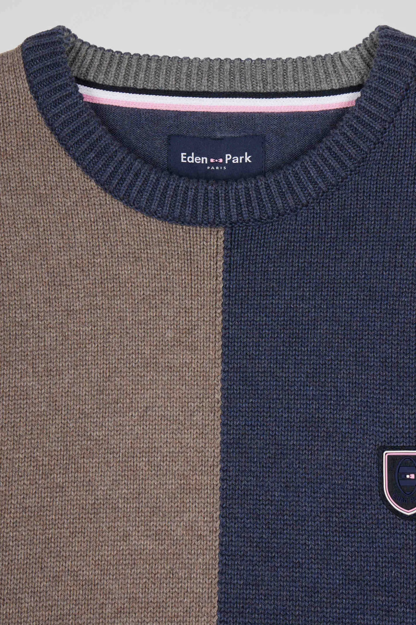 Regular navy and brown colourblock cotton crew neck jumper