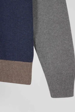 Regular navy and brown colourblock cotton crew neck jumper