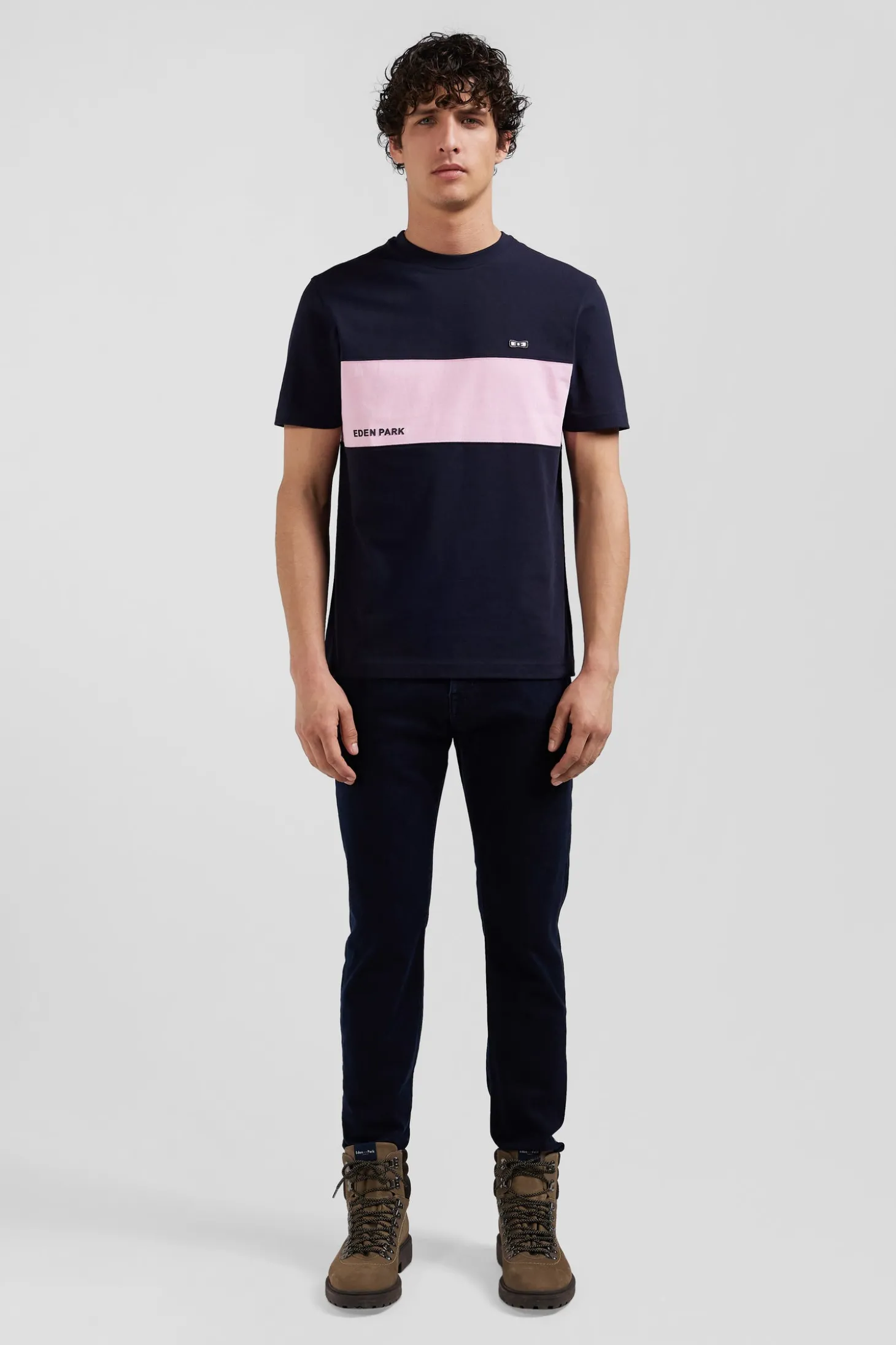 Regular navy and pink bicolor short-sleeved cotton T-shirt