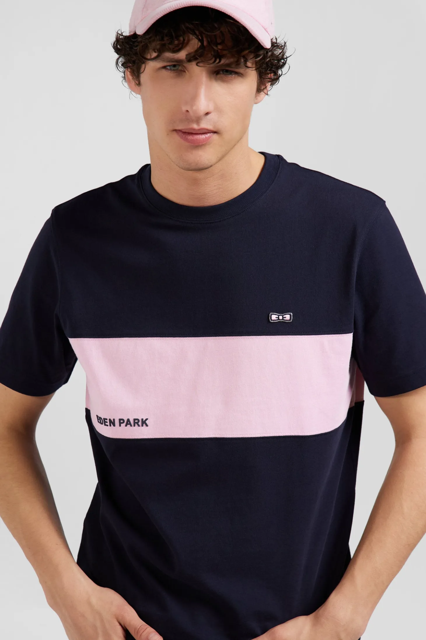 Regular navy and pink bicolor short-sleeved cotton T-shirt