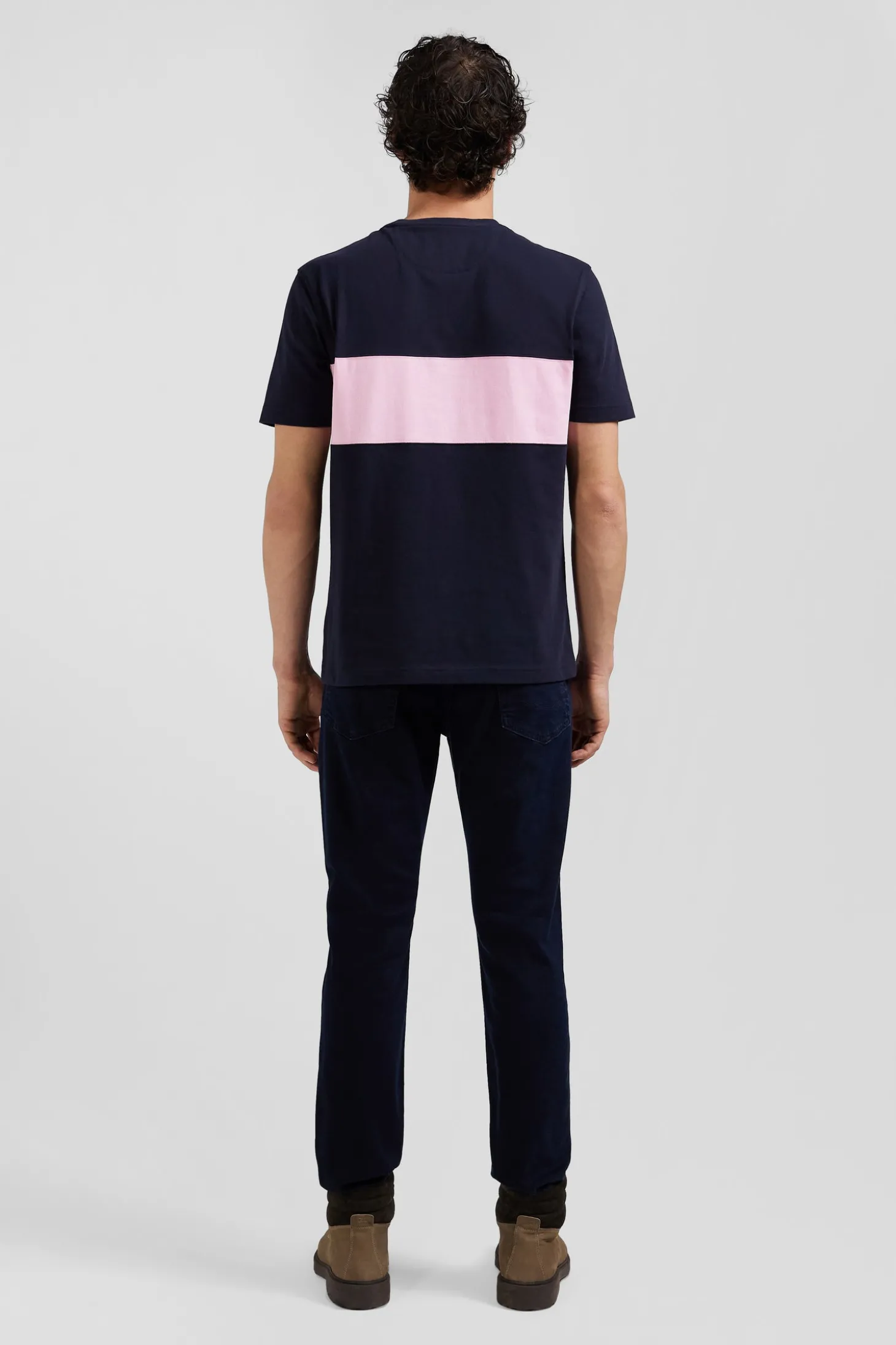 Regular navy and pink bicolor short-sleeved cotton T-shirt