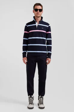 Regular navy and sky blue striped long-sleeved cotton rugby shirt with back embroidery