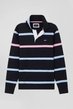 Regular navy and sky blue striped long-sleeved cotton rugby shirt with back embroidery
