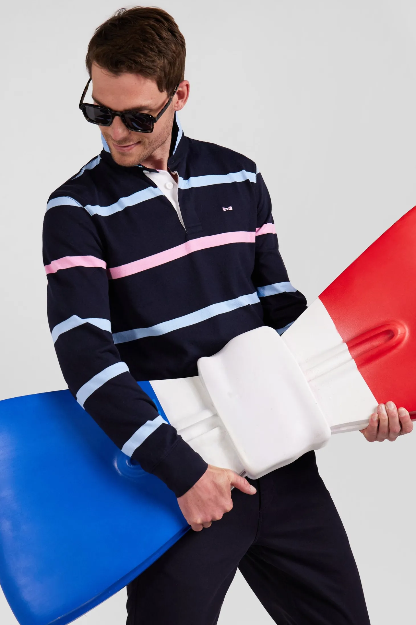Regular navy and sky blue striped long-sleeved cotton rugby shirt with back embroidery