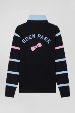 Regular navy and sky blue striped long-sleeved cotton rugby shirt with back embroidery