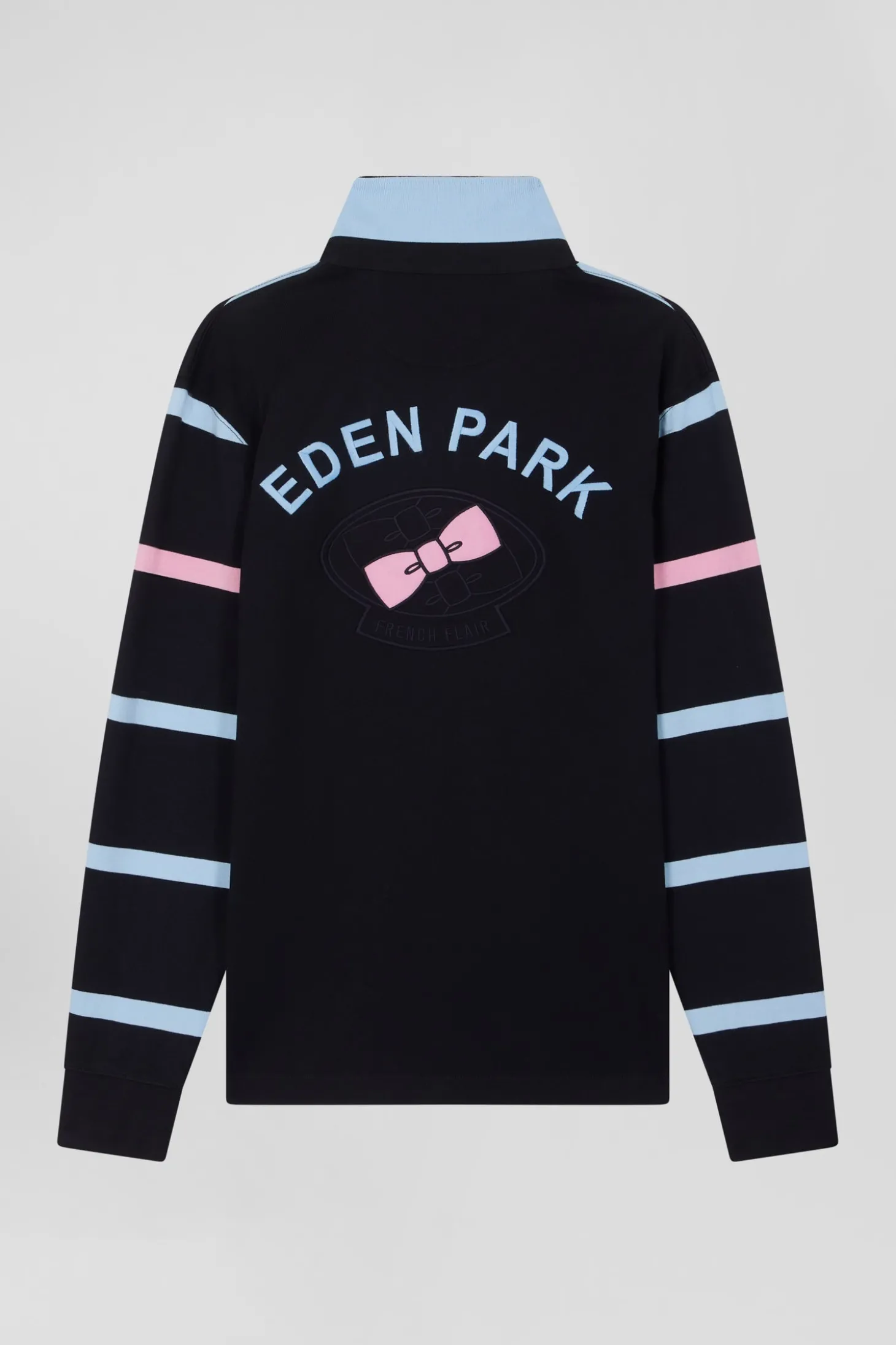 Regular navy and sky blue striped long-sleeved cotton rugby shirt with back embroidery