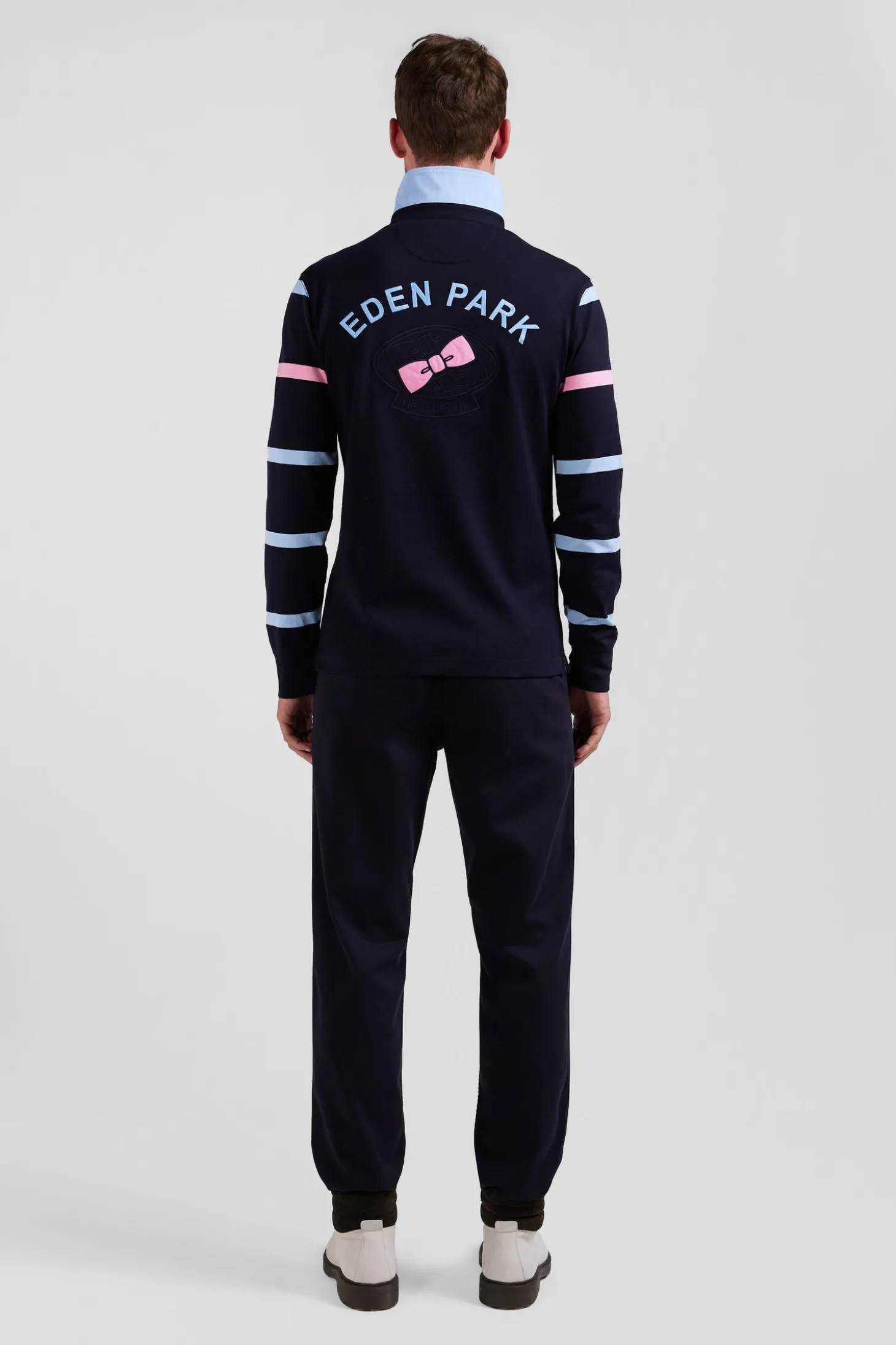 Regular navy and sky blue striped long-sleeved cotton rugby shirt with back embroidery