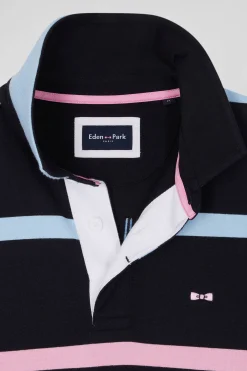 Regular navy and sky blue striped long-sleeved cotton rugby shirt with back embroidery