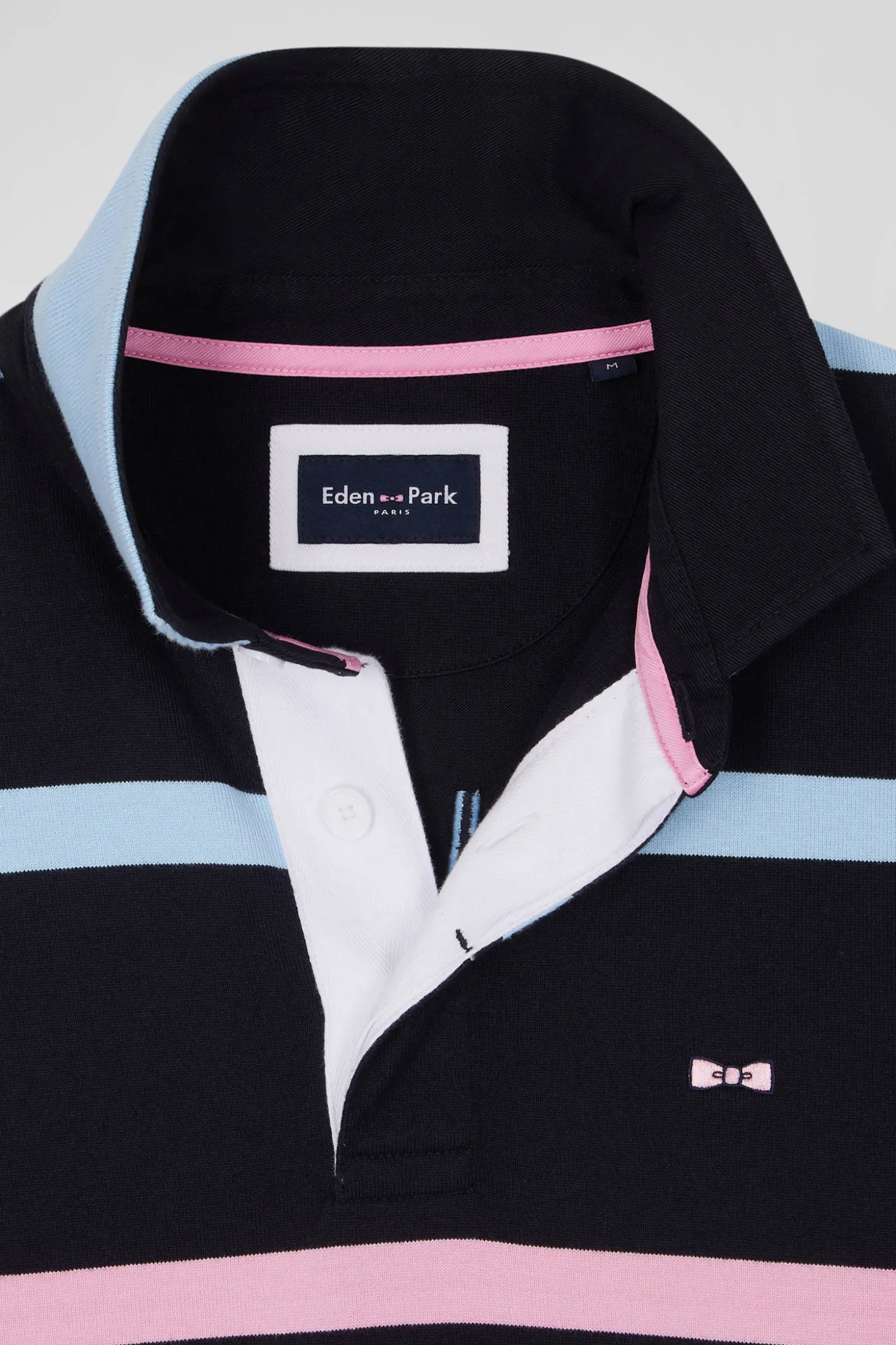 Regular navy and sky blue striped long-sleeved cotton rugby shirt with back embroidery