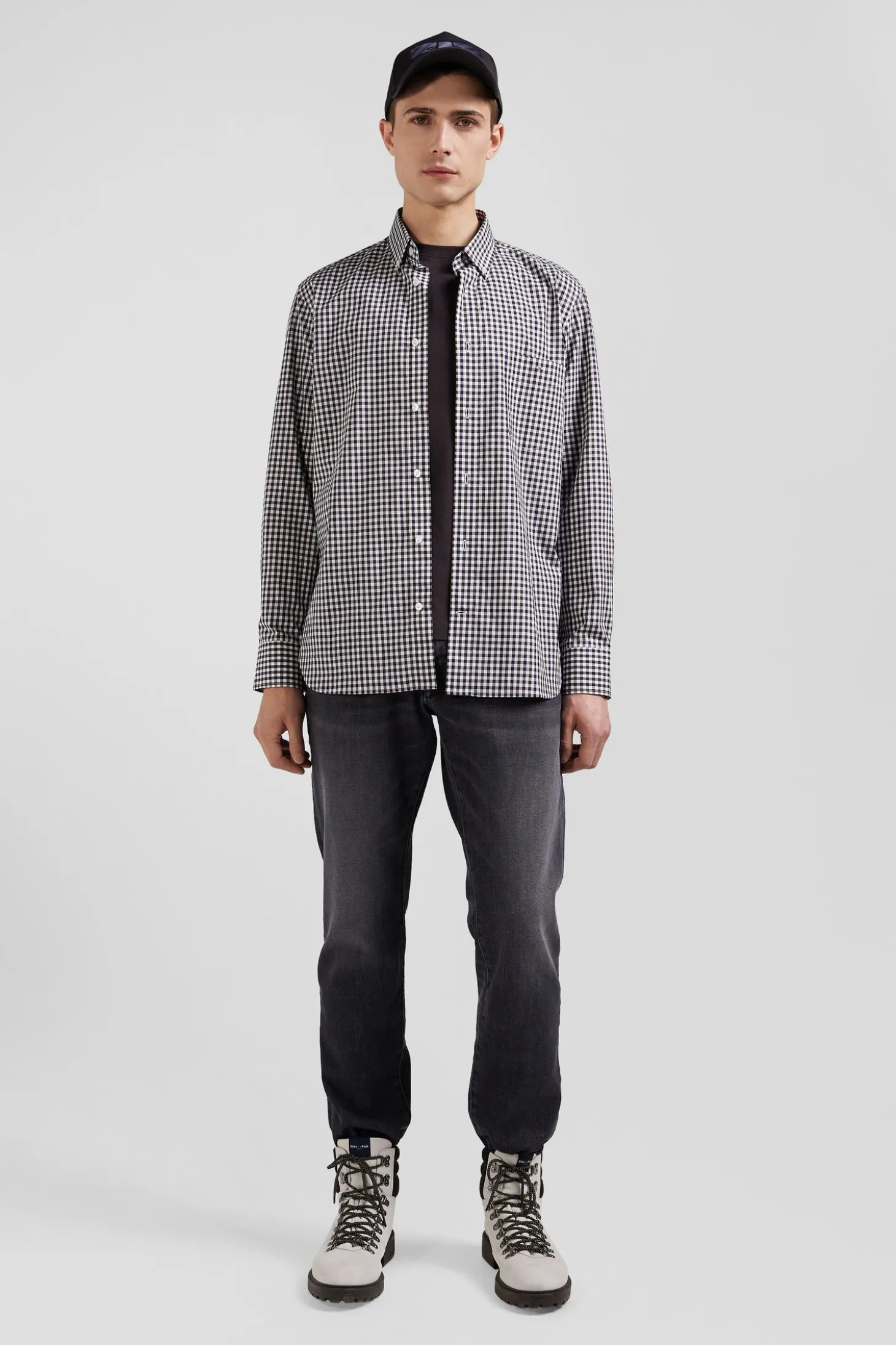 Regular navy and white checked cotton poplin shirt