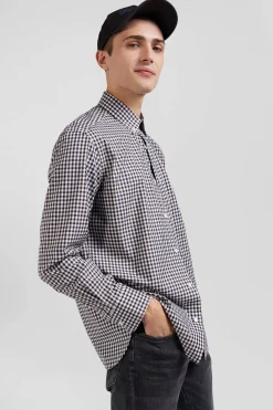 Regular navy and white checked cotton poplin shirt
