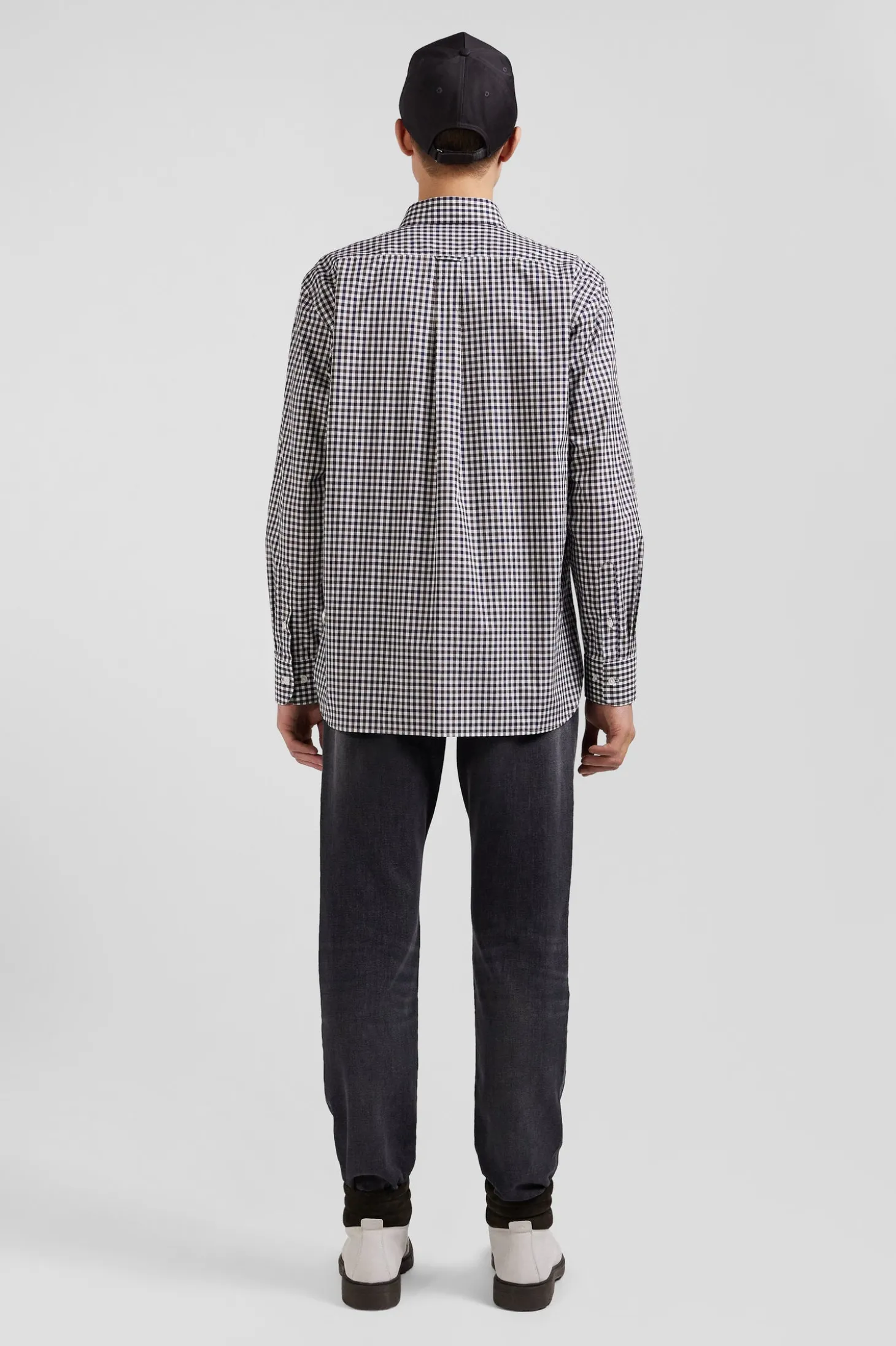 Regular navy and white checked cotton poplin shirt