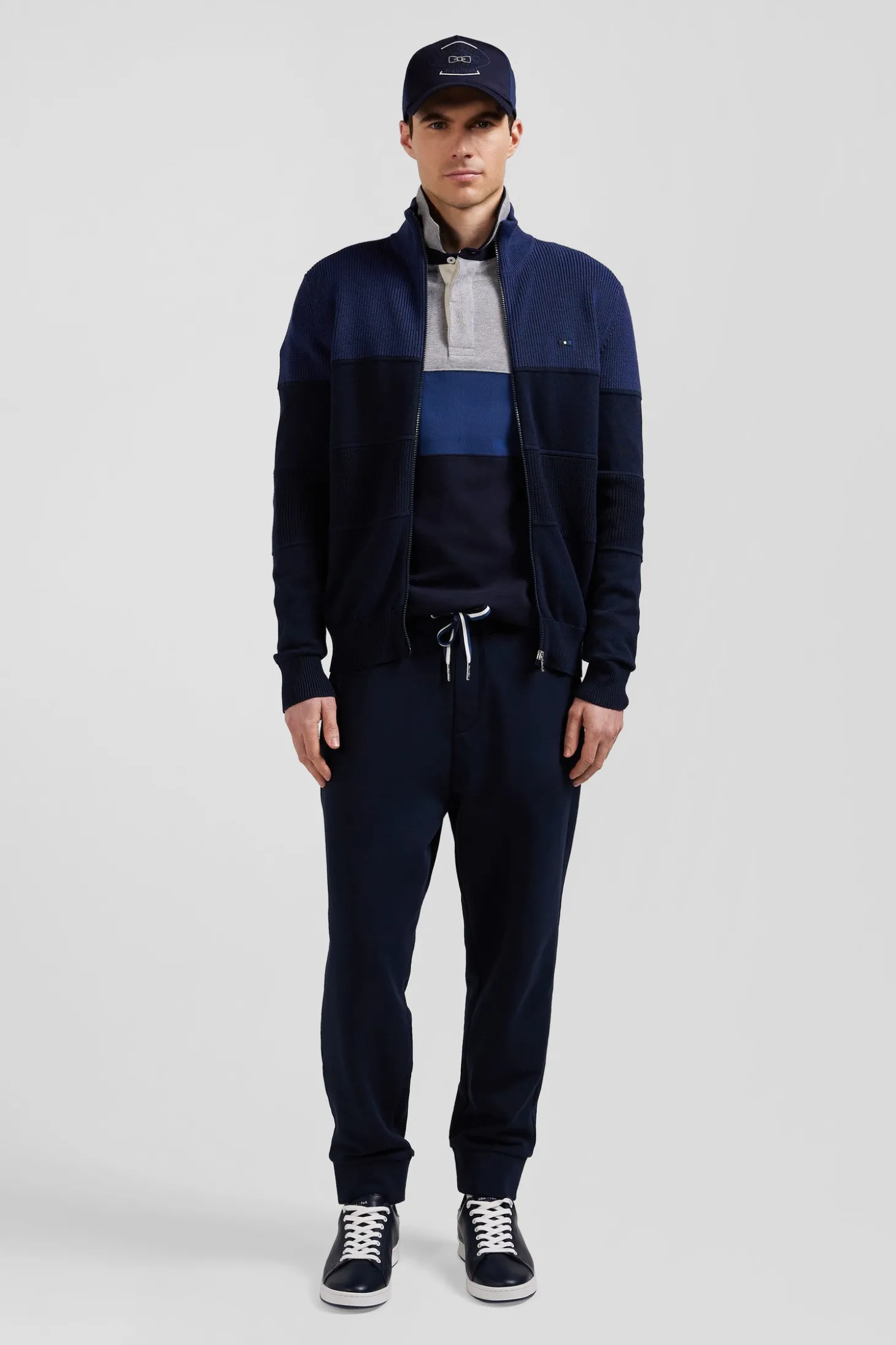 Regular navy blue and blue cotton high collar zipped cardigan